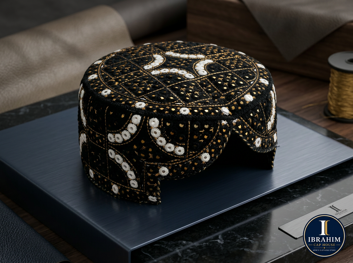 Black embroidered cap with gold and white pattern
