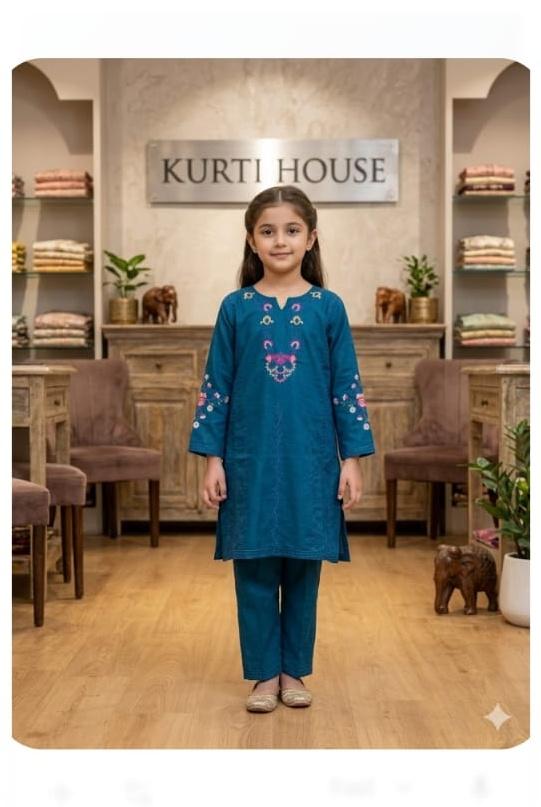 EMB 2 Pc Cotton Suit Peacock Blue